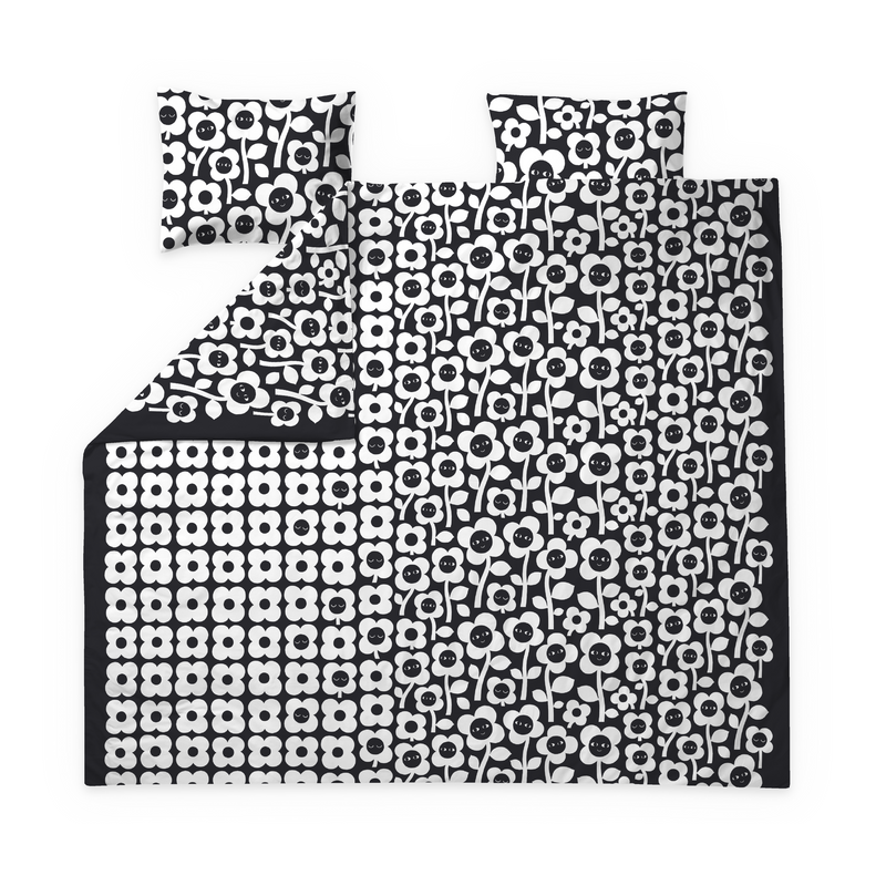 60682-5492-01-05; Finlayson Kukkariemu Parivuoteen pussilakanasetti Musta / Valkoinen / 240x210 + 50x60 cm 
